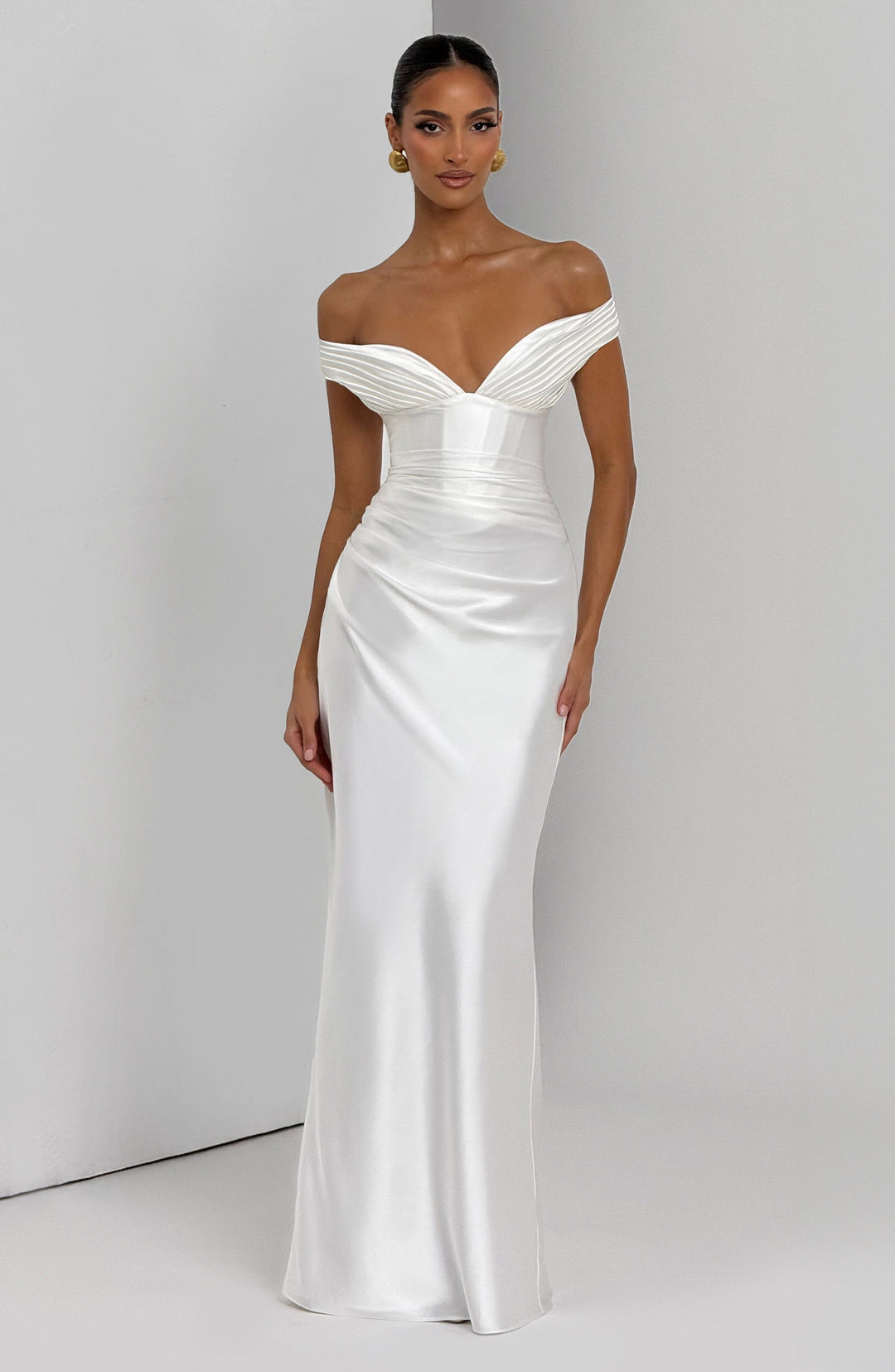 Adeline | Women's Satin Bardot Maxi Dress