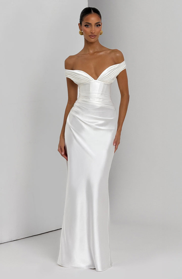 Adeline | Women's Satin Bardot Maxi Dress