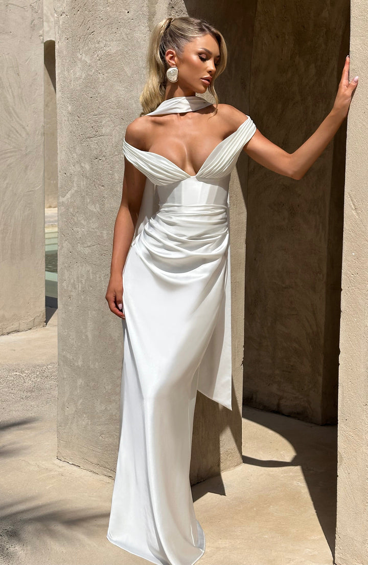 Adeline | Women's Satin Bardot Maxi Dress