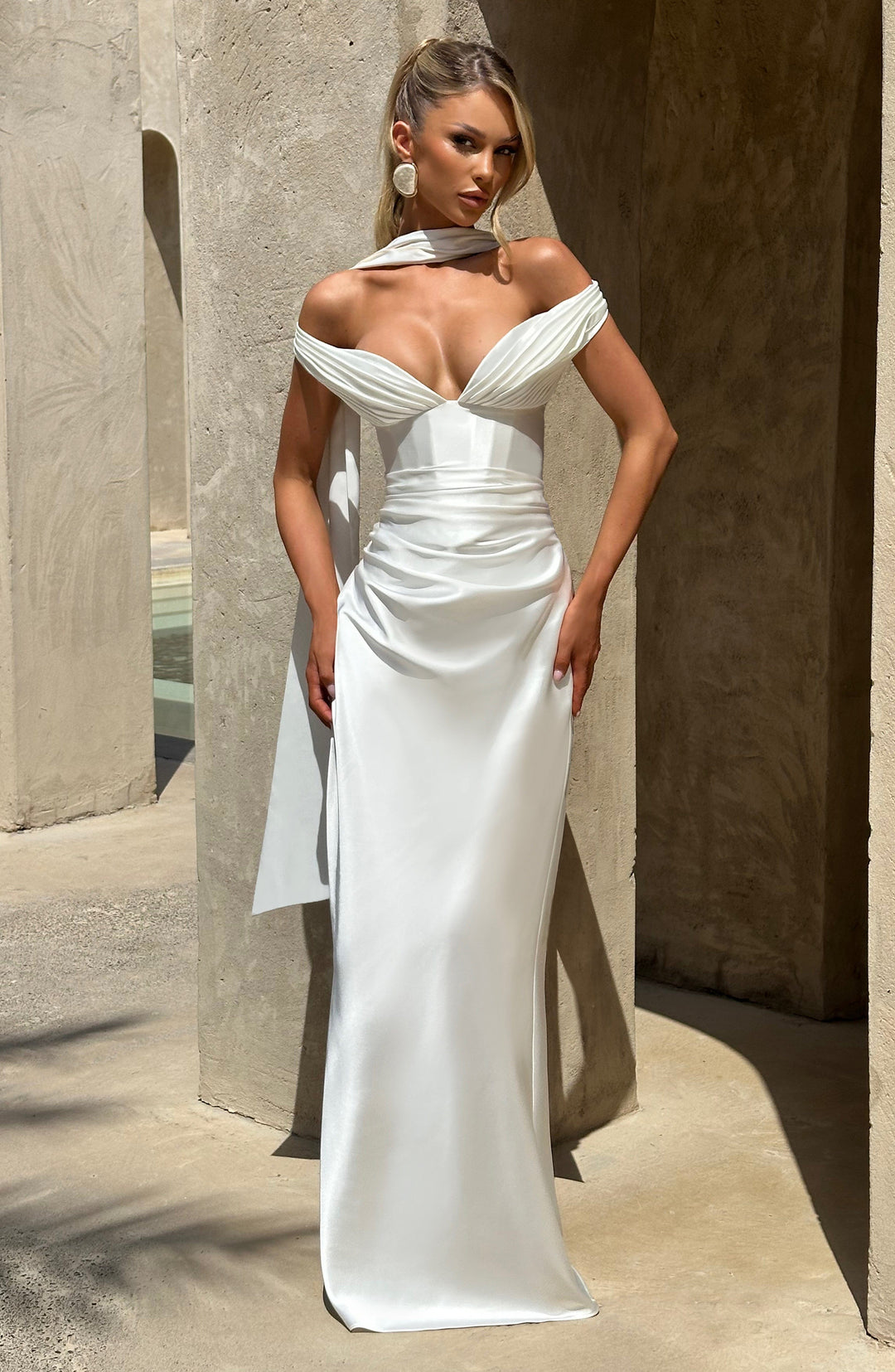 Adeline | Women's Satin Bardot Maxi Dress