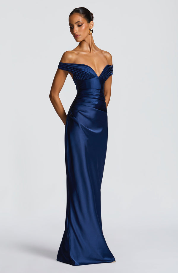 Adeline | Women's Satin Bardot Maxi Dress