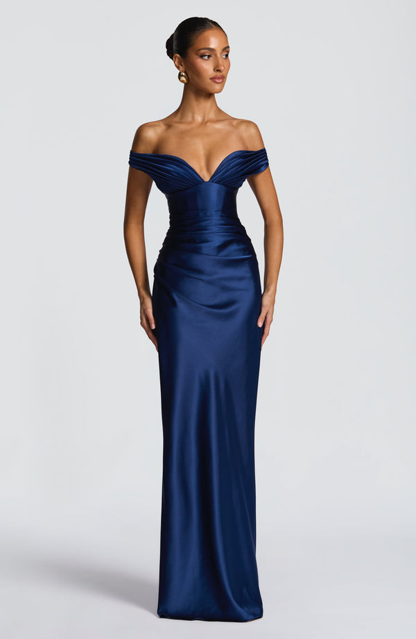 Adeline | Women's Satin Bardot Maxi Dress
