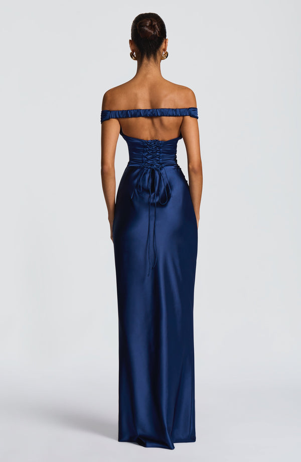 Adeline | Women's Satin Bardot Maxi Dress