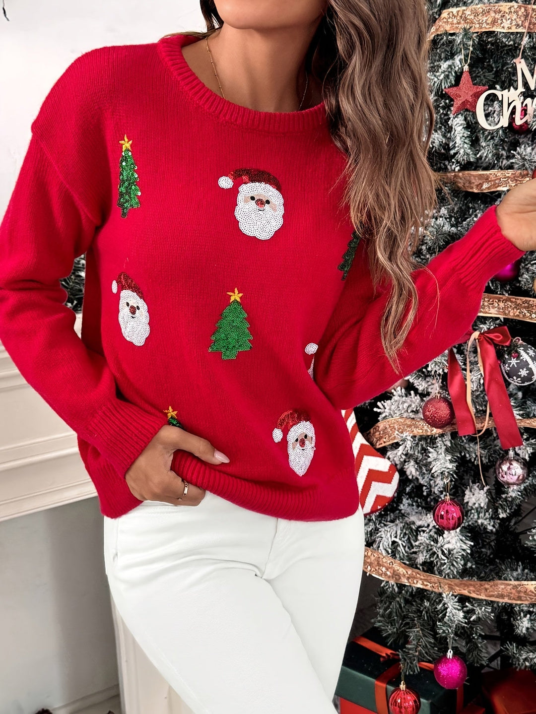 Easy Red Sequin Christmas Sweater for Women with Crew Neck Long Sleeve Sequin Santa Relaxed Fit Knit Style