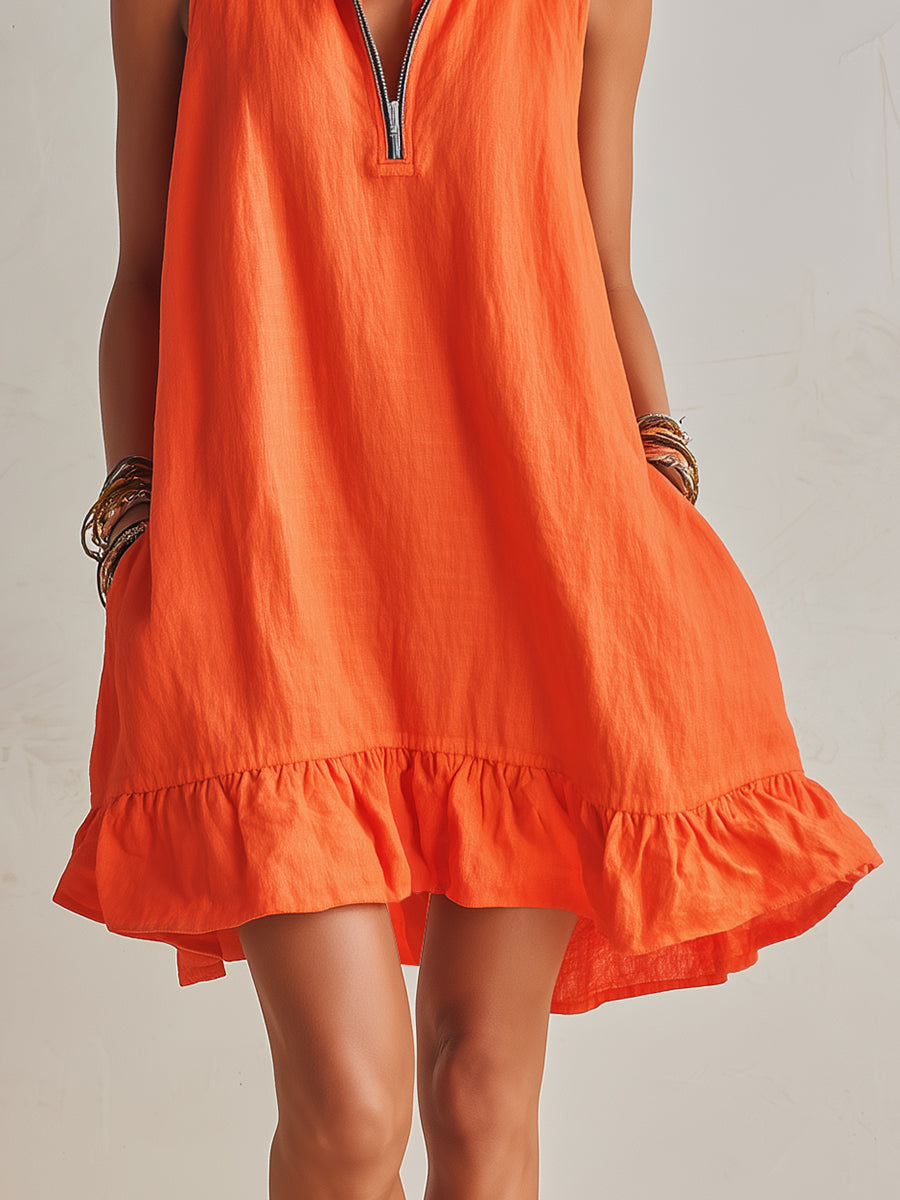 Vibrant Resort Orange Half-Zip Stand Collar Ruffled Mini Dress