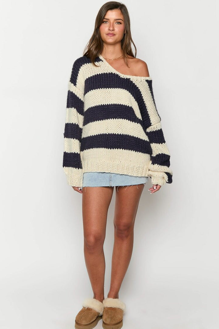 Women's Striped Chunky Knit Sweater Off-Shoulder Oversized Hand-Knit Relaxed