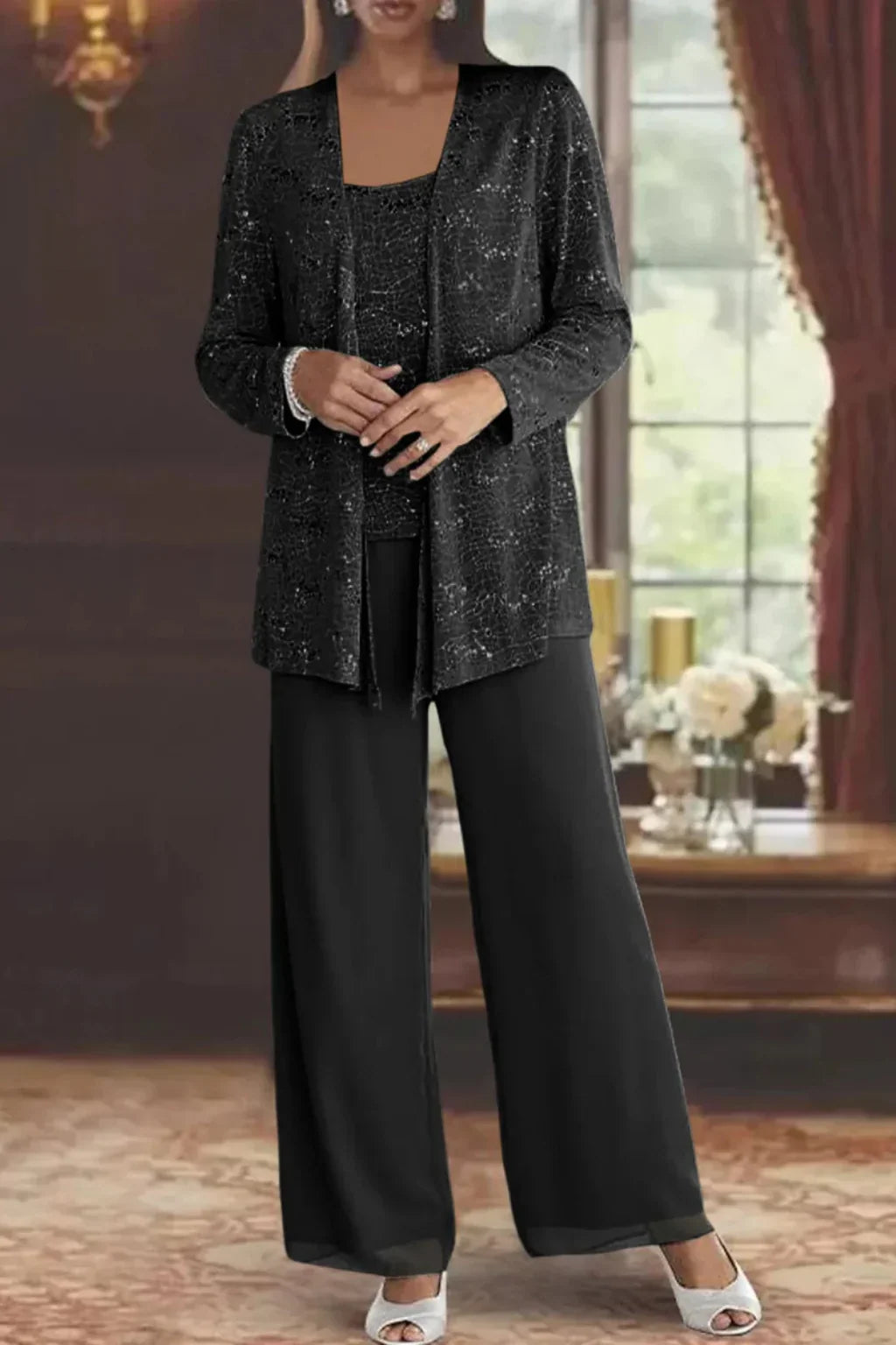 Evie | Women's Sequin Lace Three Piece Wide Leg Wedding Guest Trouser Suit