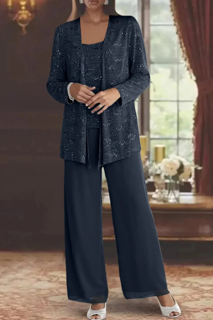 Evie | Women's Sequin Lace Three Piece Wide Leg Wedding Guest Trouser Suit