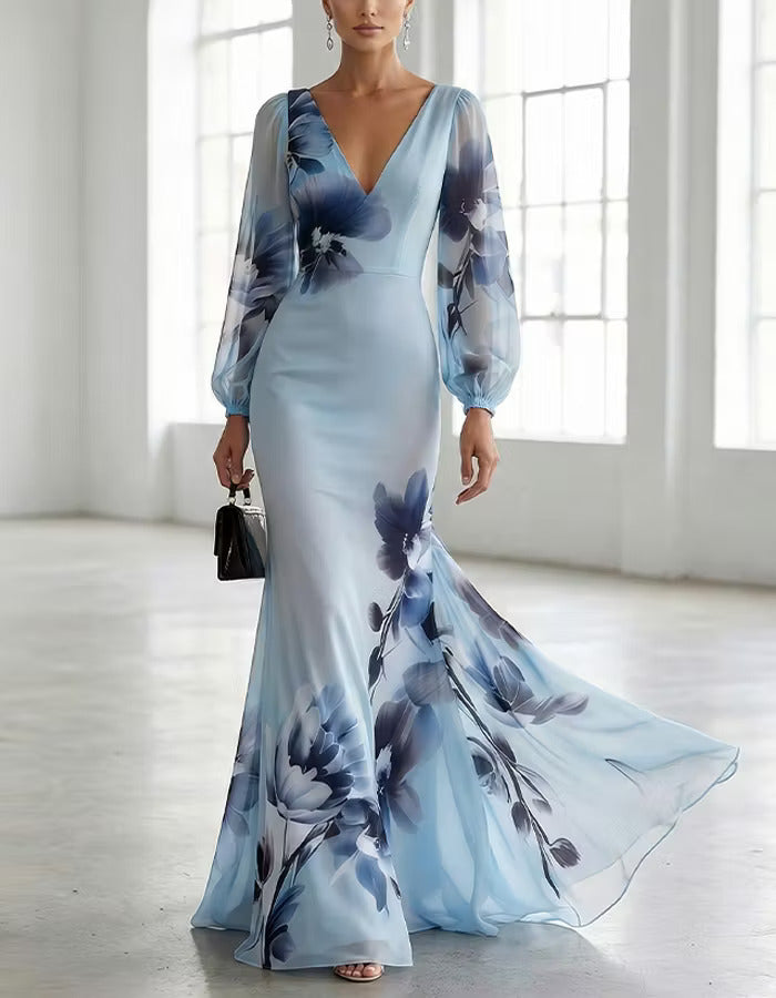 Light Blue Gradient Ink Wash Floral Chiffon V Neck Long Sleeves Maxi Dress