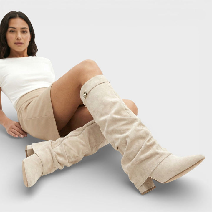 Tammy – Pointed Toe Slouchy Knee Boots with Metallic Clasp