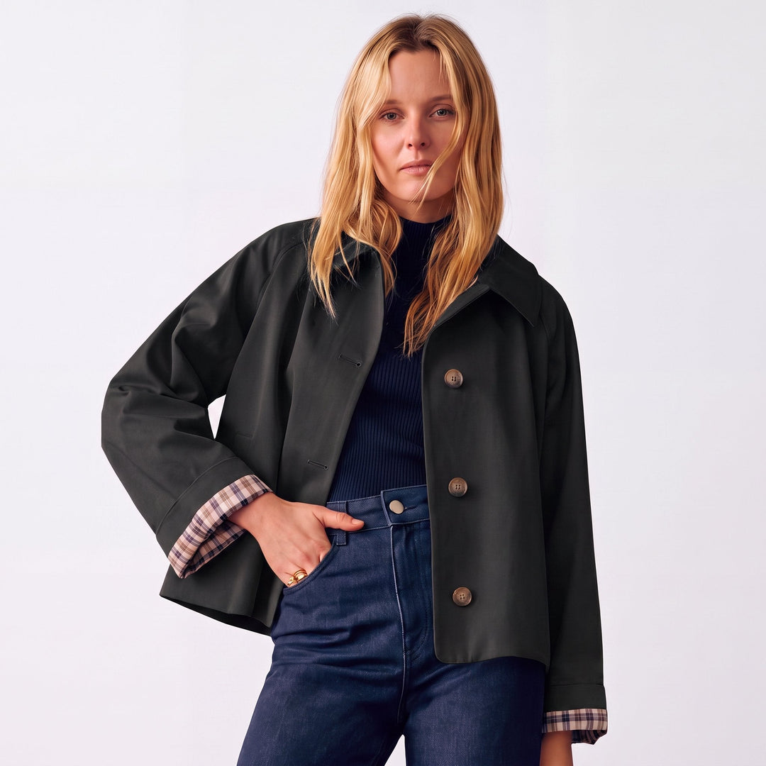 Women's Oversized Short Trench Coat with Notch Lapels and Button Front