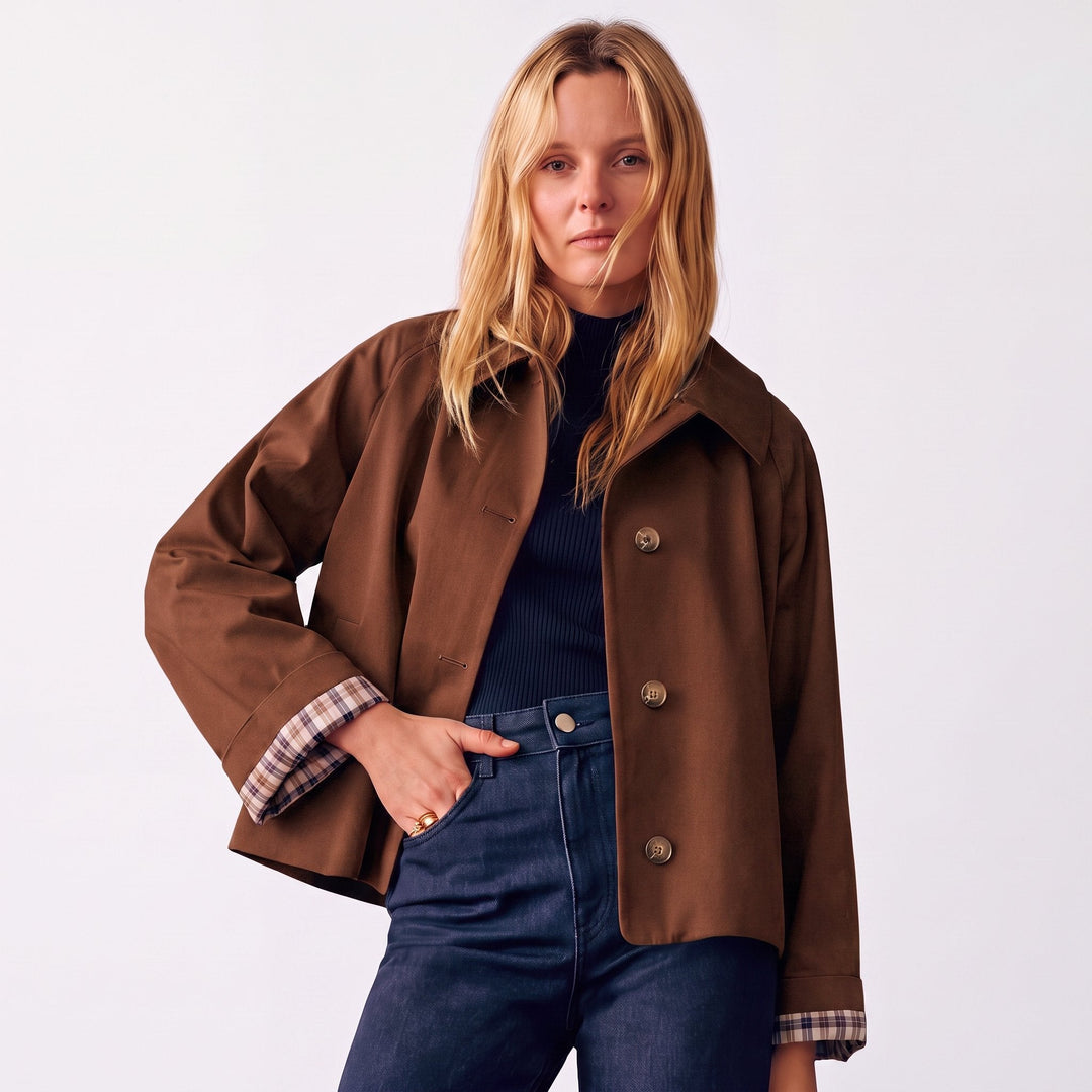 Women's Oversized Short Trench Coat with Notch Lapels and Button Front