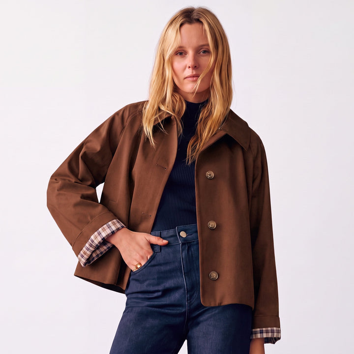 Women's Oversized Short Trench Coat with Notch Lapels and Button Front