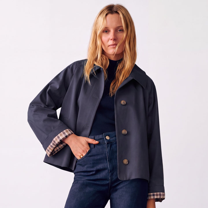 Women's Oversized Short Trench Coat with Notch Lapels and Button Front