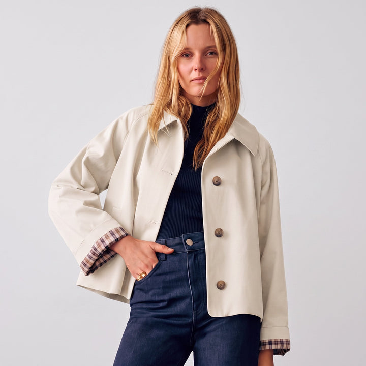 Women's Oversized Short Trench Coat with Notch Lapels and Button Front