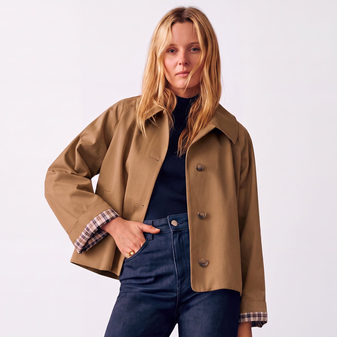 Women's Oversized Short Trench Coat with Notch Lapels and Button Front