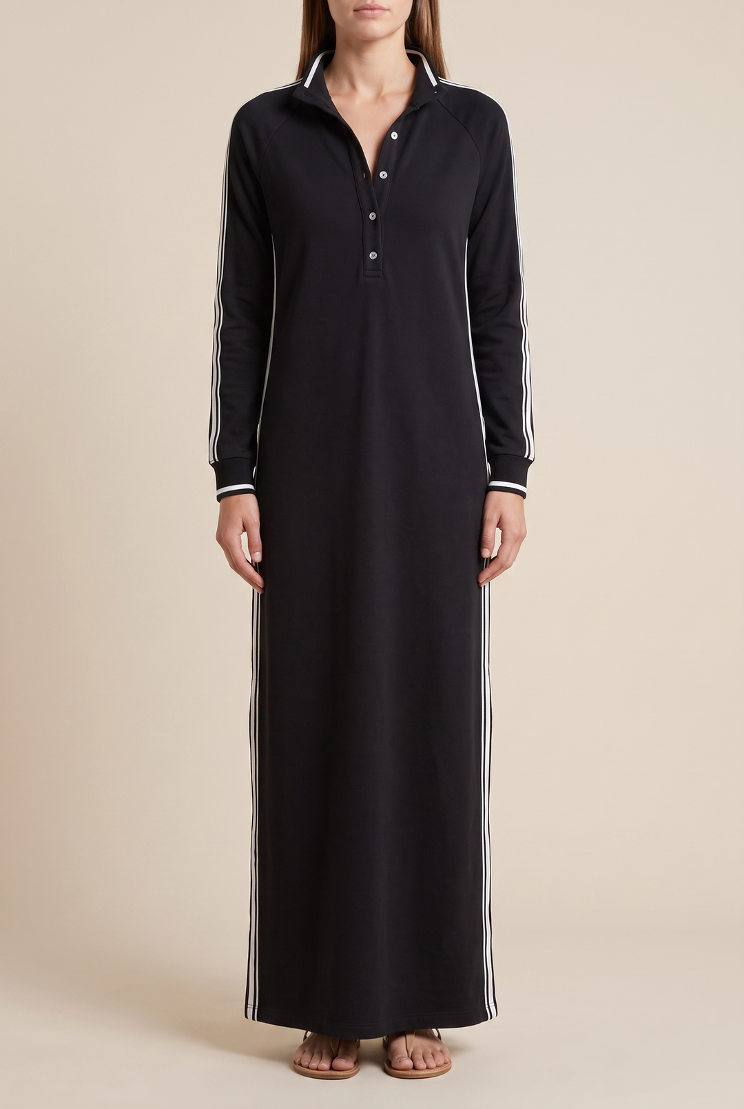 White-Trimmed Button-Down Collar Sweatshirt Maxi Dress