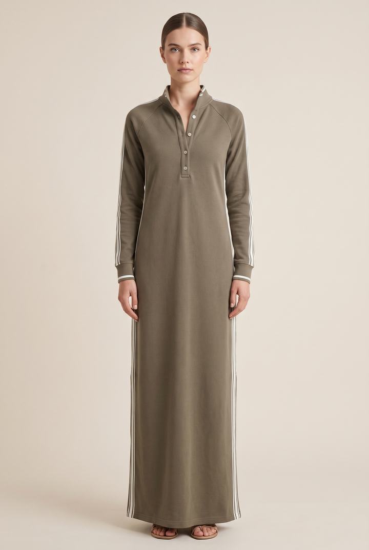 White-Trimmed Button-Down Collar Sweatshirt Maxi Dress