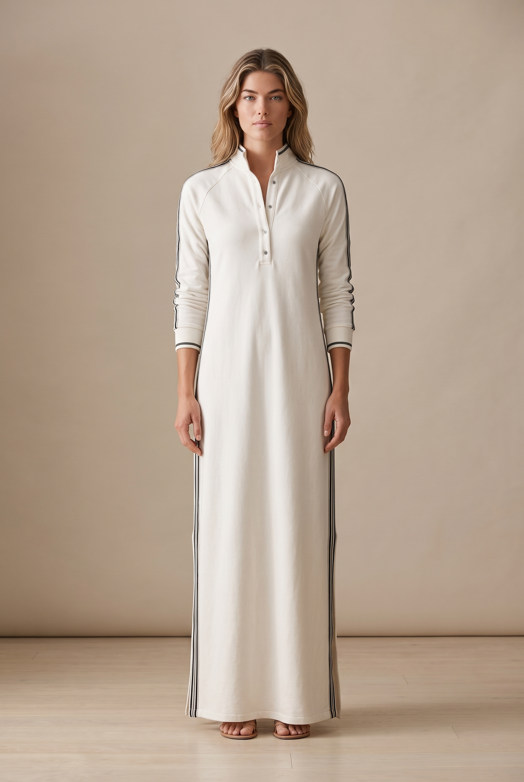 White-Trimmed Button-Down Collar Sweatshirt Maxi Dress