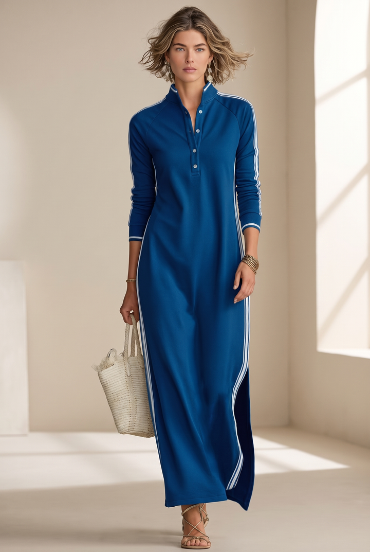 White-Trimmed Button-Down Collar Sweatshirt Maxi Dress