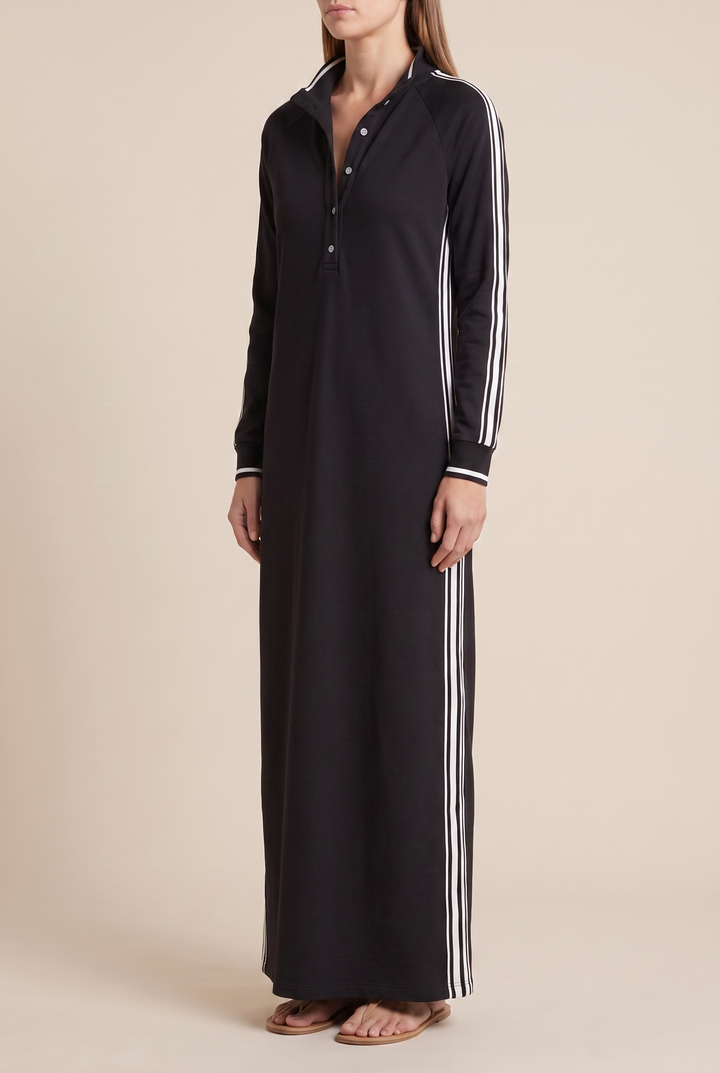 White-Trimmed Button-Down Collar Sweatshirt Maxi Dress