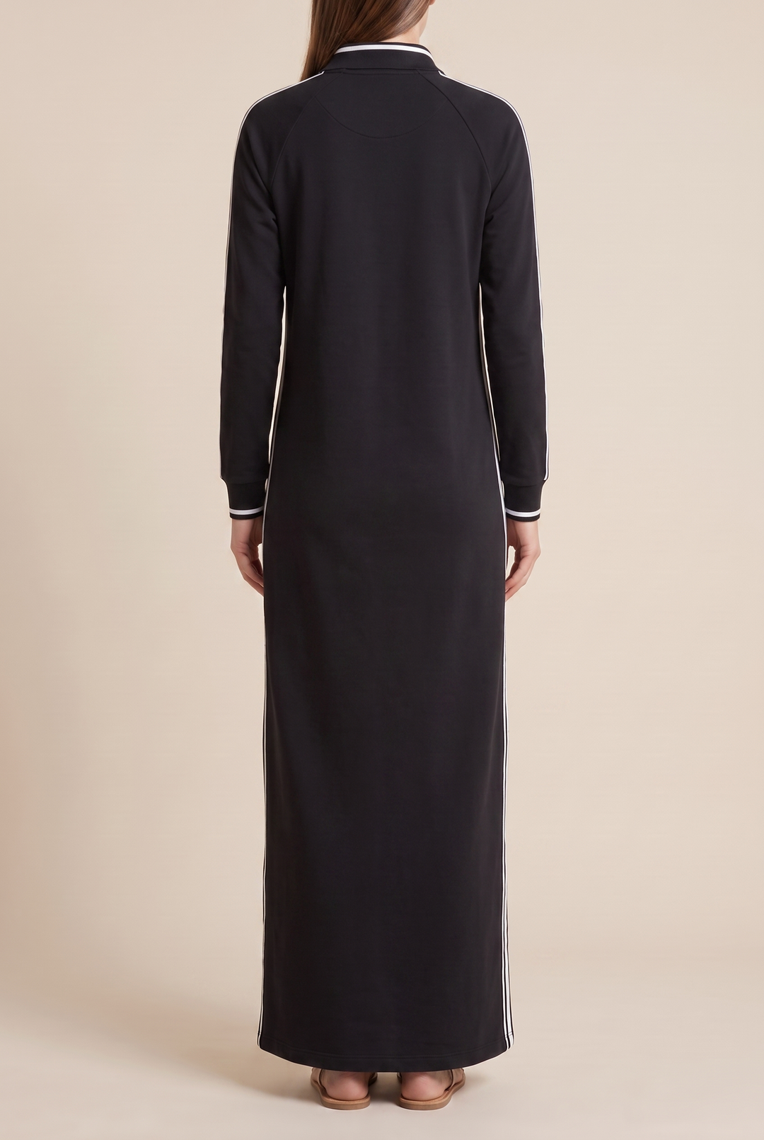 White-Trimmed Button-Down Collar Sweatshirt Maxi Dress