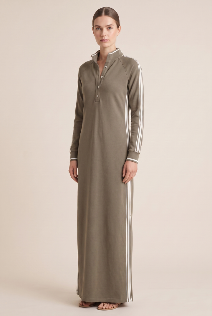 White-Trimmed Button-Down Collar Sweatshirt Maxi Dress