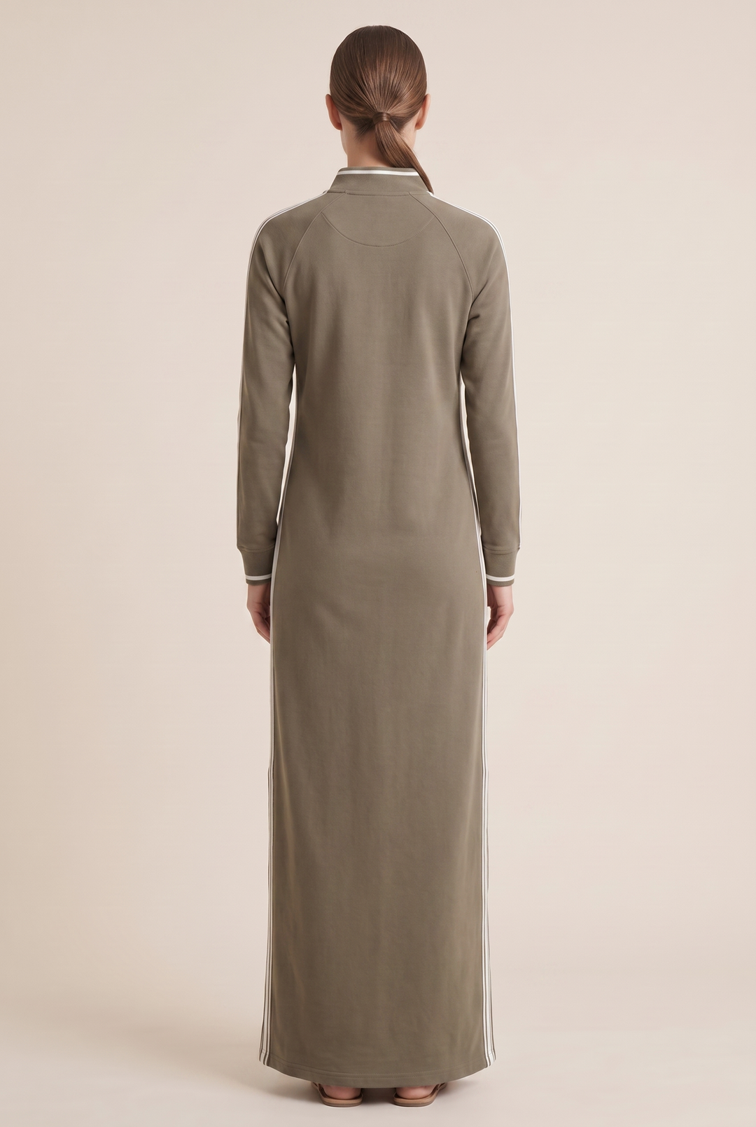 White-Trimmed Button-Down Collar Sweatshirt Maxi Dress