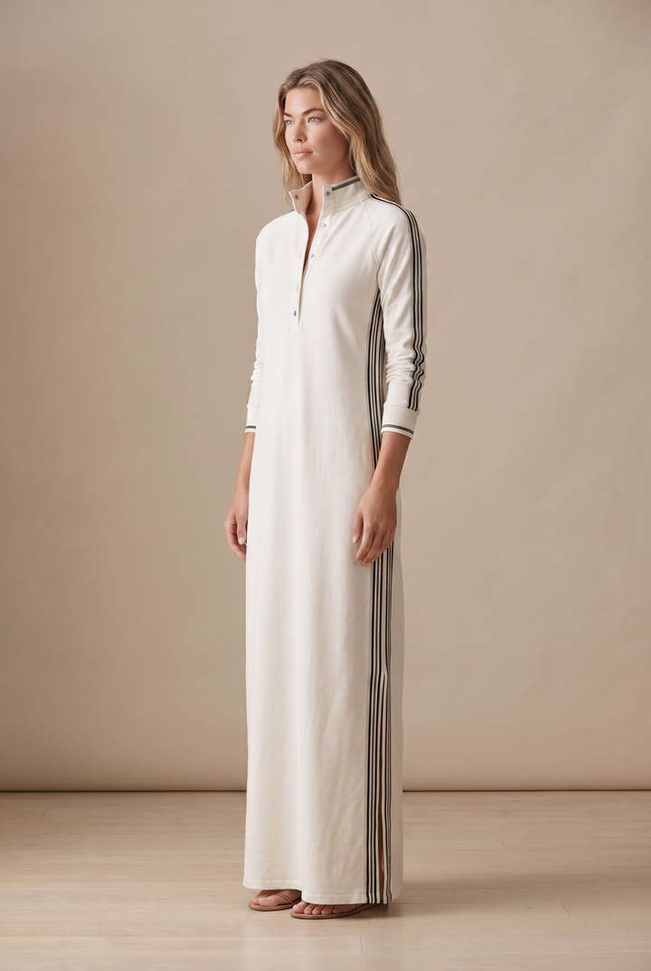 White-Trimmed Button-Down Collar Sweatshirt Maxi Dress