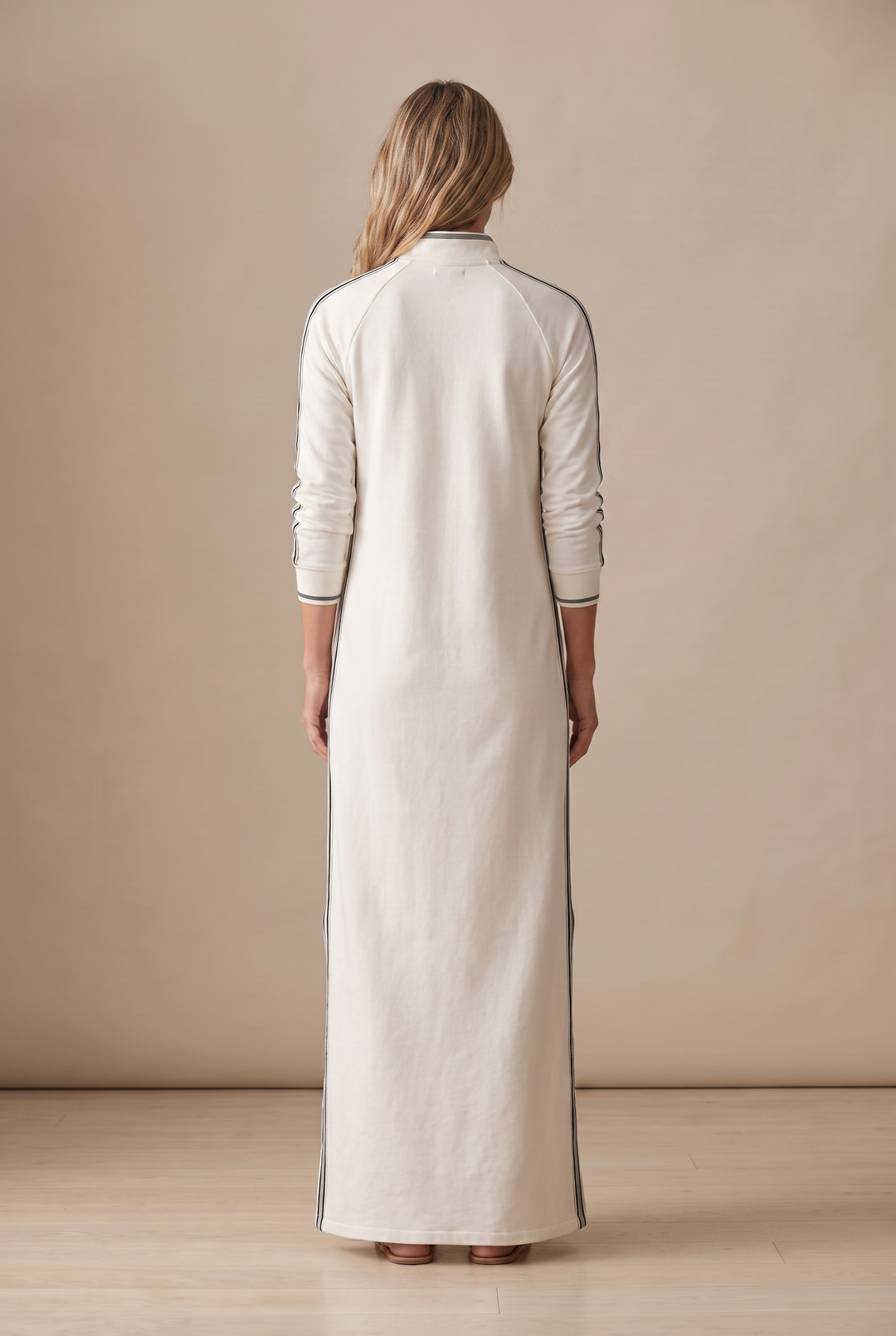 White-Trimmed Button-Down Collar Sweatshirt Maxi Dress