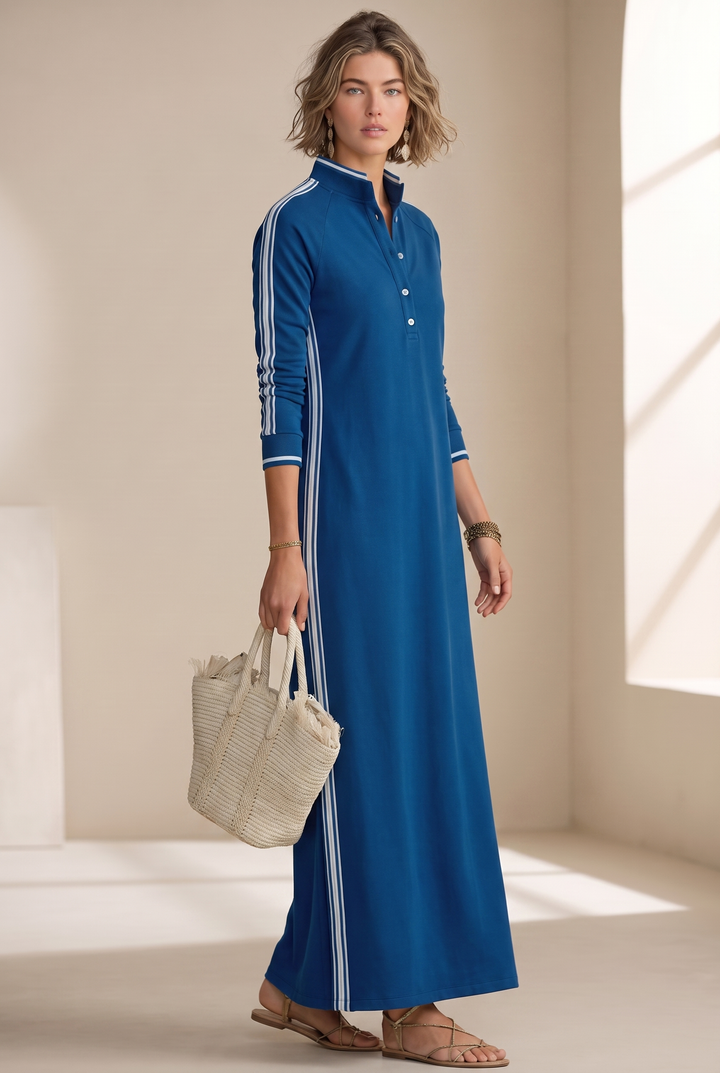 White-Trimmed Button-Down Collar Sweatshirt Maxi Dress