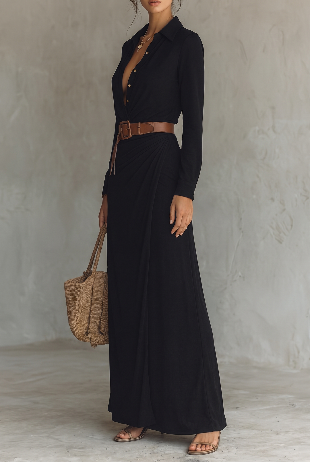 Ladies Lapel Single Breasted Long Sleeve Belted Maxi Dress