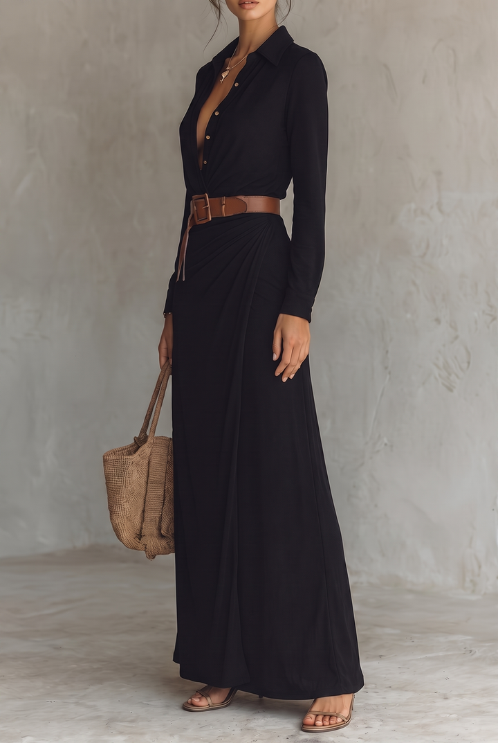 Ladies Lapel Single Breasted Long Sleeve Belted Maxi Dress