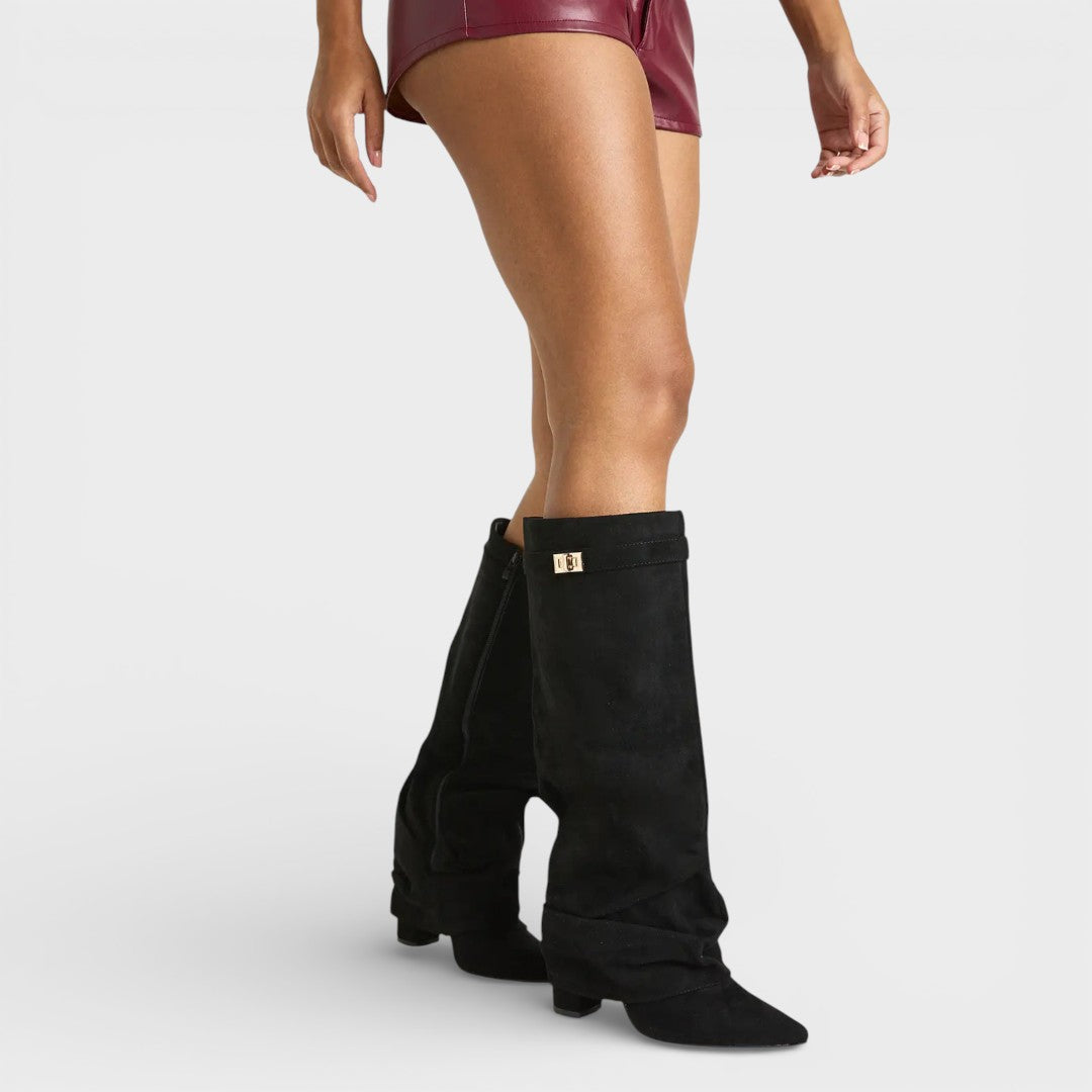 Tammy – Pointed Toe Slouchy Knee Boots with Metallic Clasp