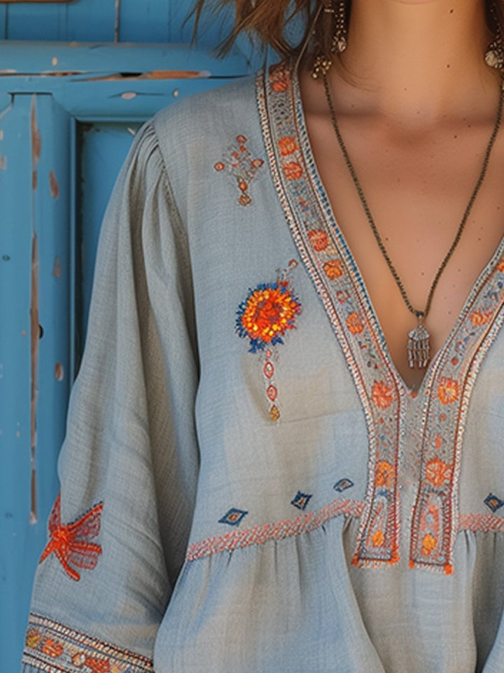Penelope | Women Bohemian Embroidered V Neck Blouse