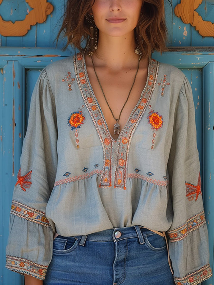 Penelope | Women Bohemian Embroidered V Neck Blouse