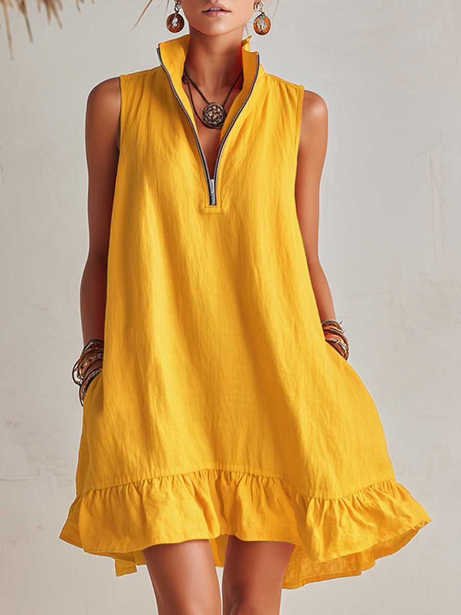 Vibrant Resort Orange Half-Zip Stand Collar Ruffled Mini Dress