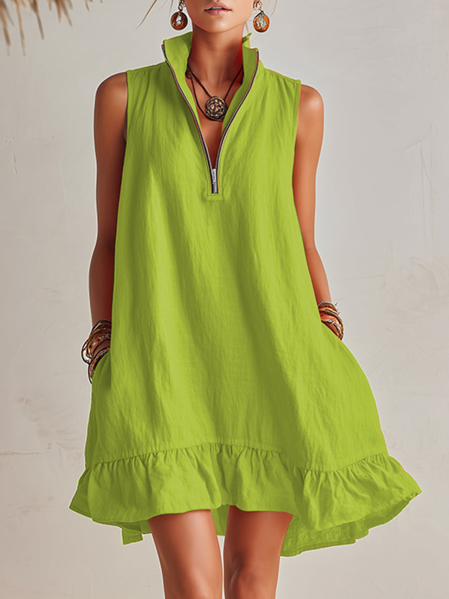 Vibrant Resort Orange Half-Zip Stand Collar Ruffled Mini Dress