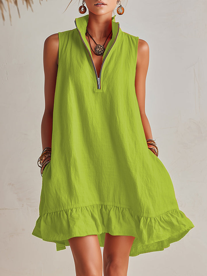 Vibrant Resort Orange Half-Zip Stand Collar Ruffled Mini Dress
