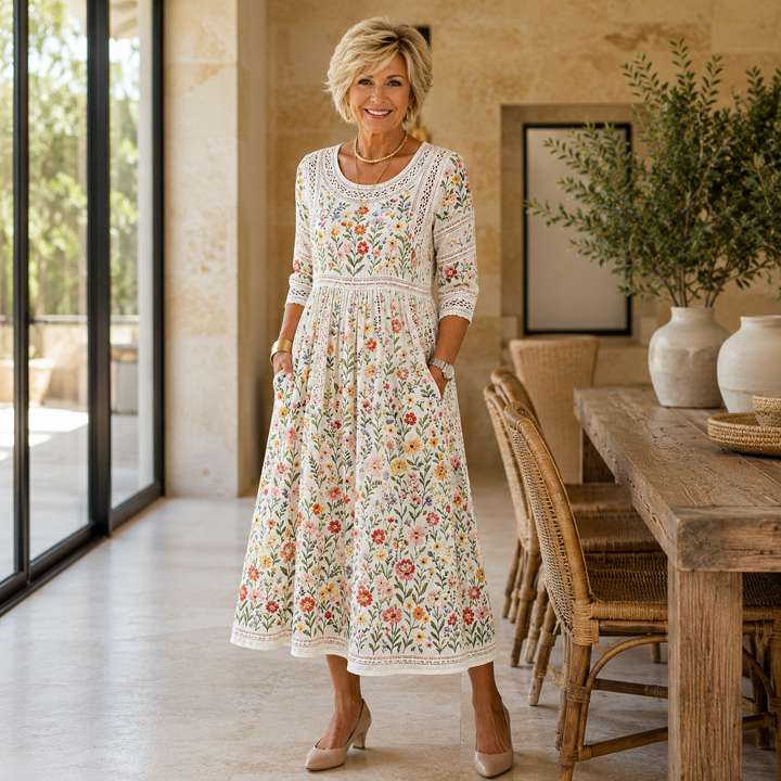 The Meadow Dress – Women's Floral Embroidered Midi with Pockets