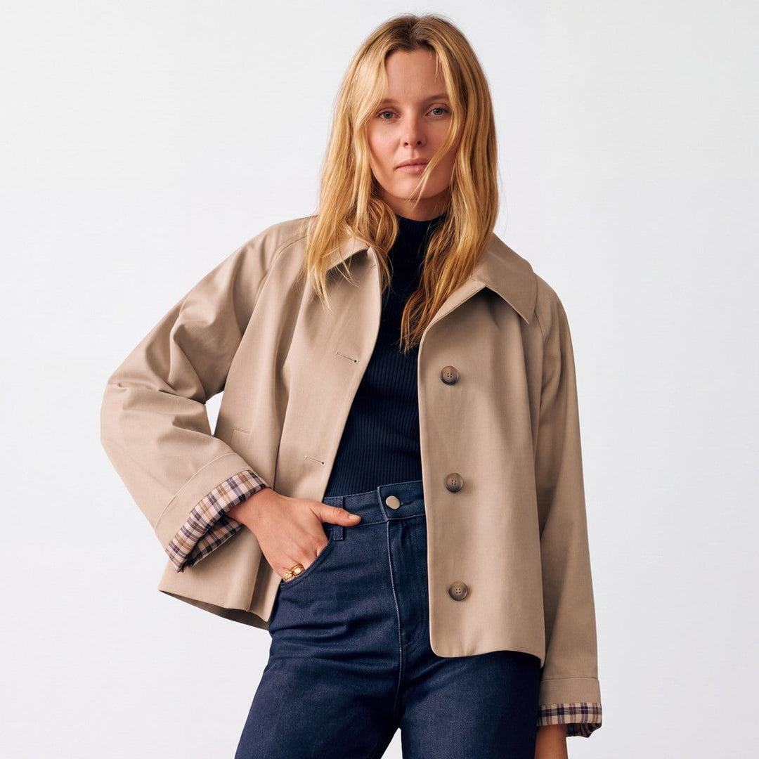 Women's Oversized Short Trench Coat with Notch Lapels and Button Front