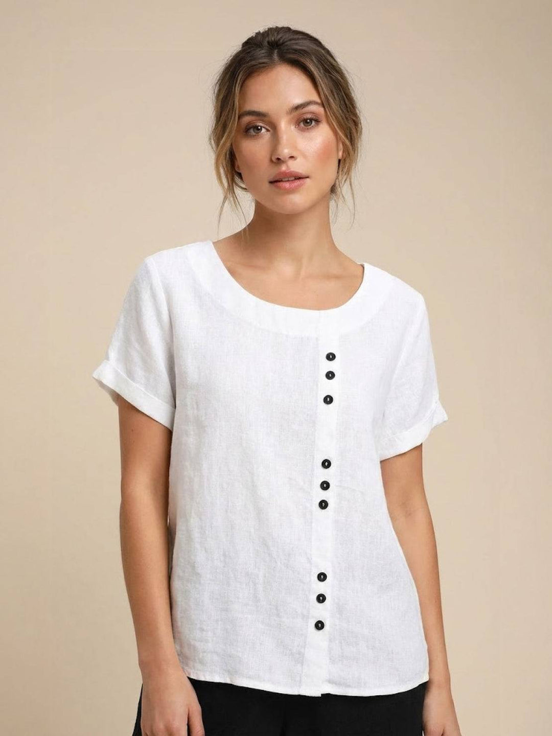 Grace | Women’s Linen Round Neck Button Blouse