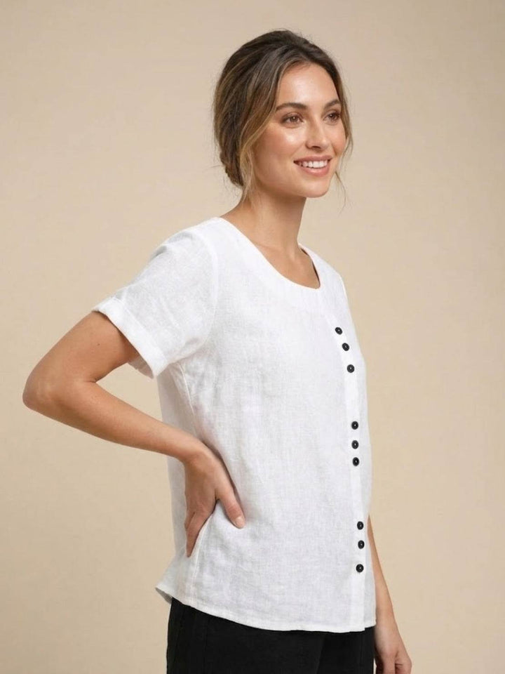 Grace | Women’s Linen Round Neck Button Blouse