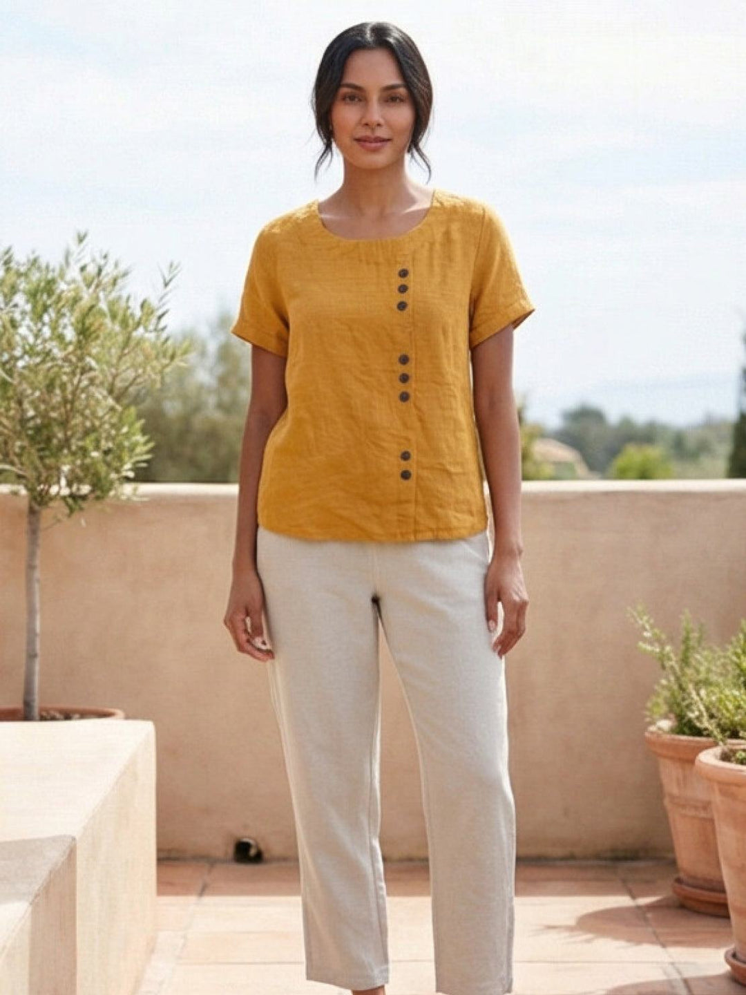 Grace | Women’s Linen Round Neck Button Blouse