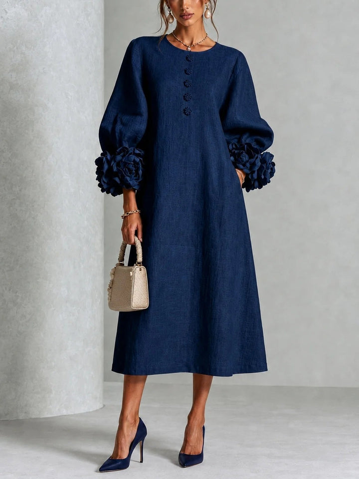 Rosalie - Women's Flower Detail Long Sleeve Midi Dress