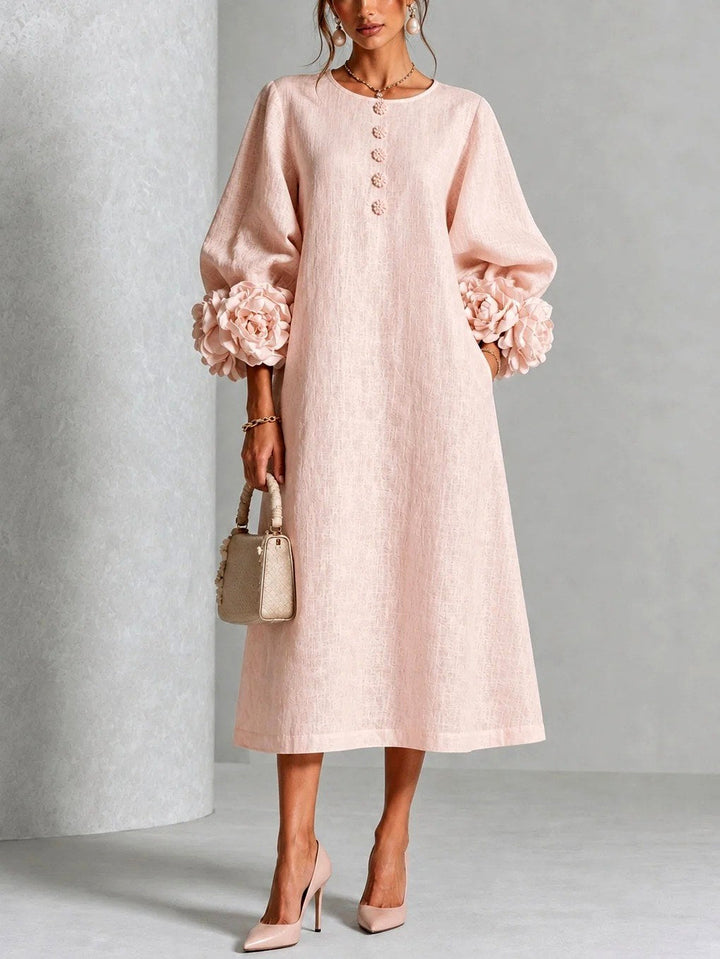 Rosalie - Women's Flower Detail Long Sleeve Midi Dress