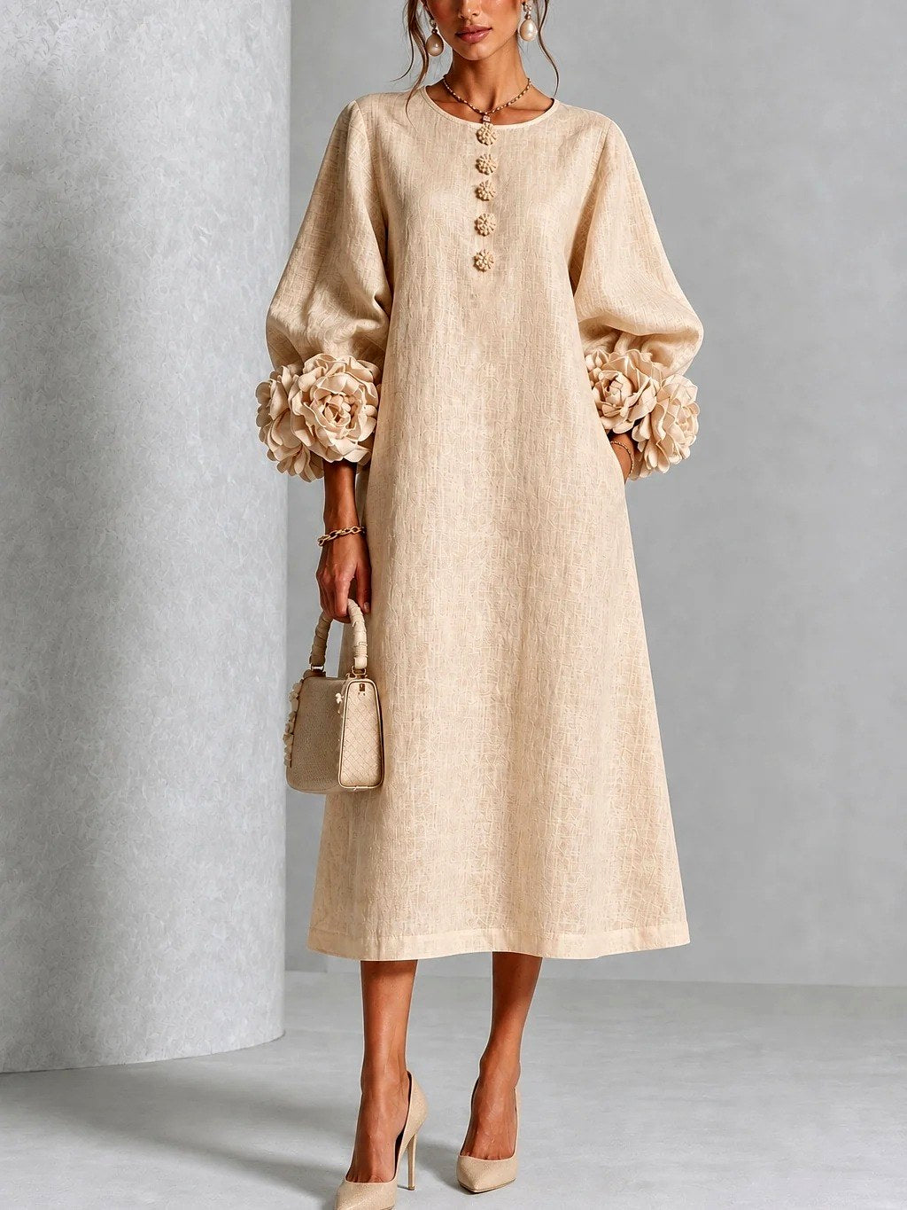 Rosalie - Women's Flower Detail Long Sleeve Midi Dress