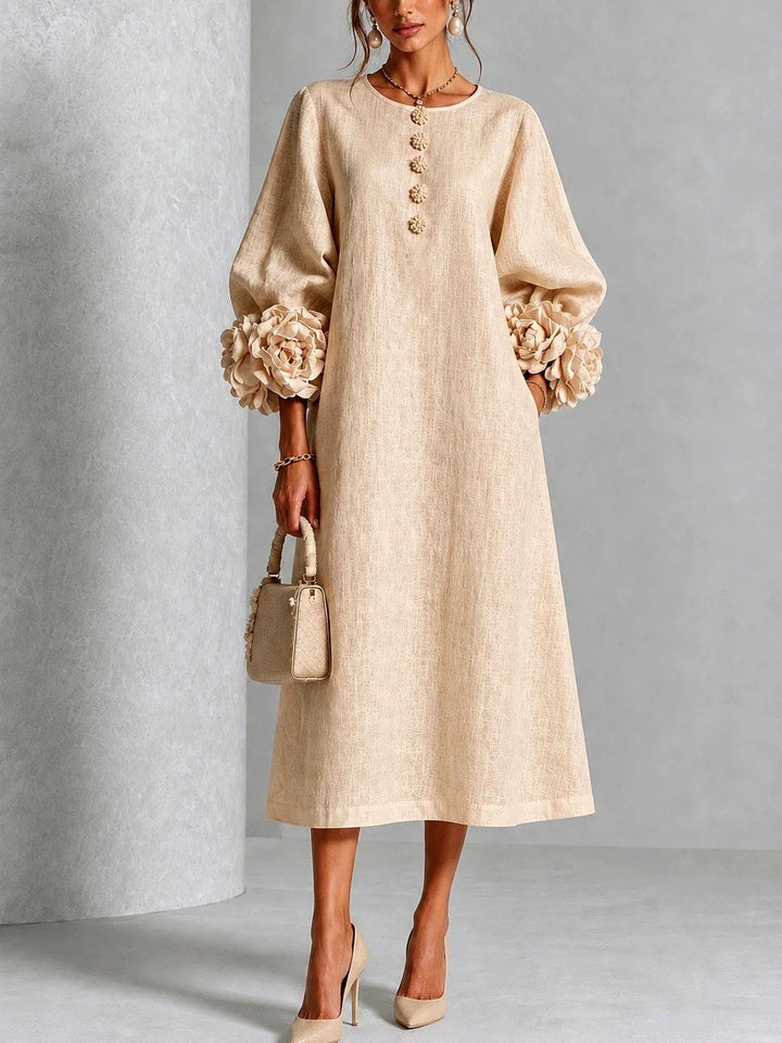 Rosalie - Women's Flower Detail Long Sleeve Midi Dress