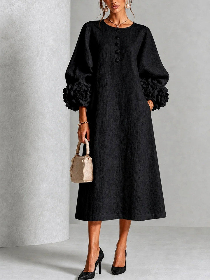 Rosalie - Women's Flower Detail Long Sleeve Midi Dress