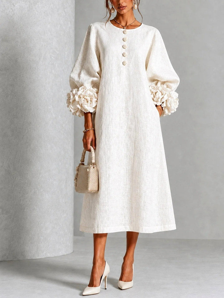 Rosalie - Women's Flower Detail Long Sleeve Midi Dress